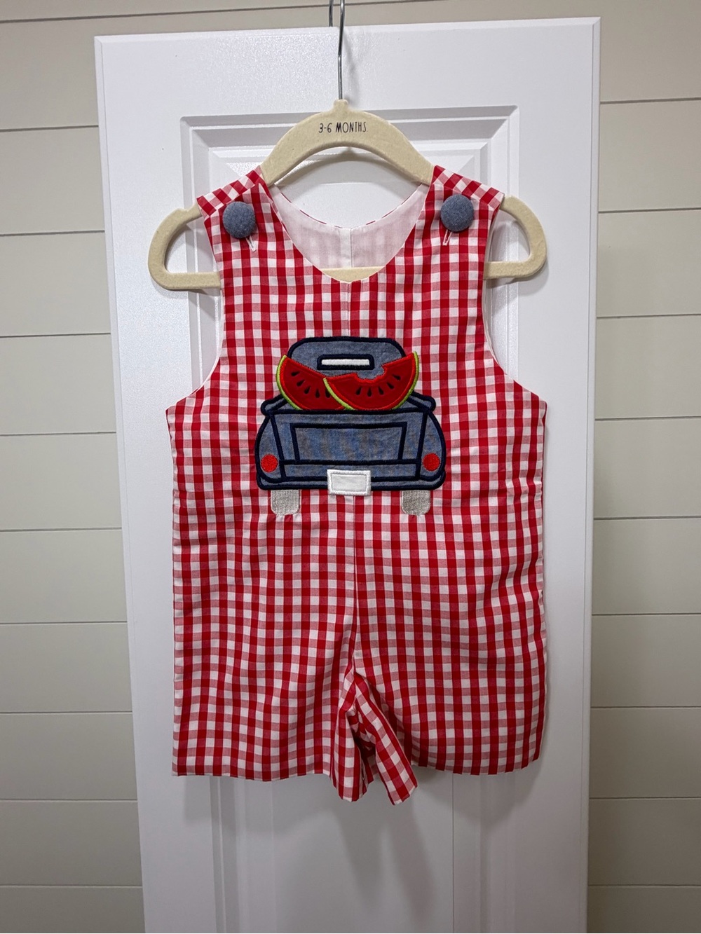 Red Gingham Kids Romper with Watermelon Car Appliqué